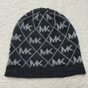 Michael Kors Beanie Hat Charcoal Grey Silver Metallic MK Logo Monogram Knit